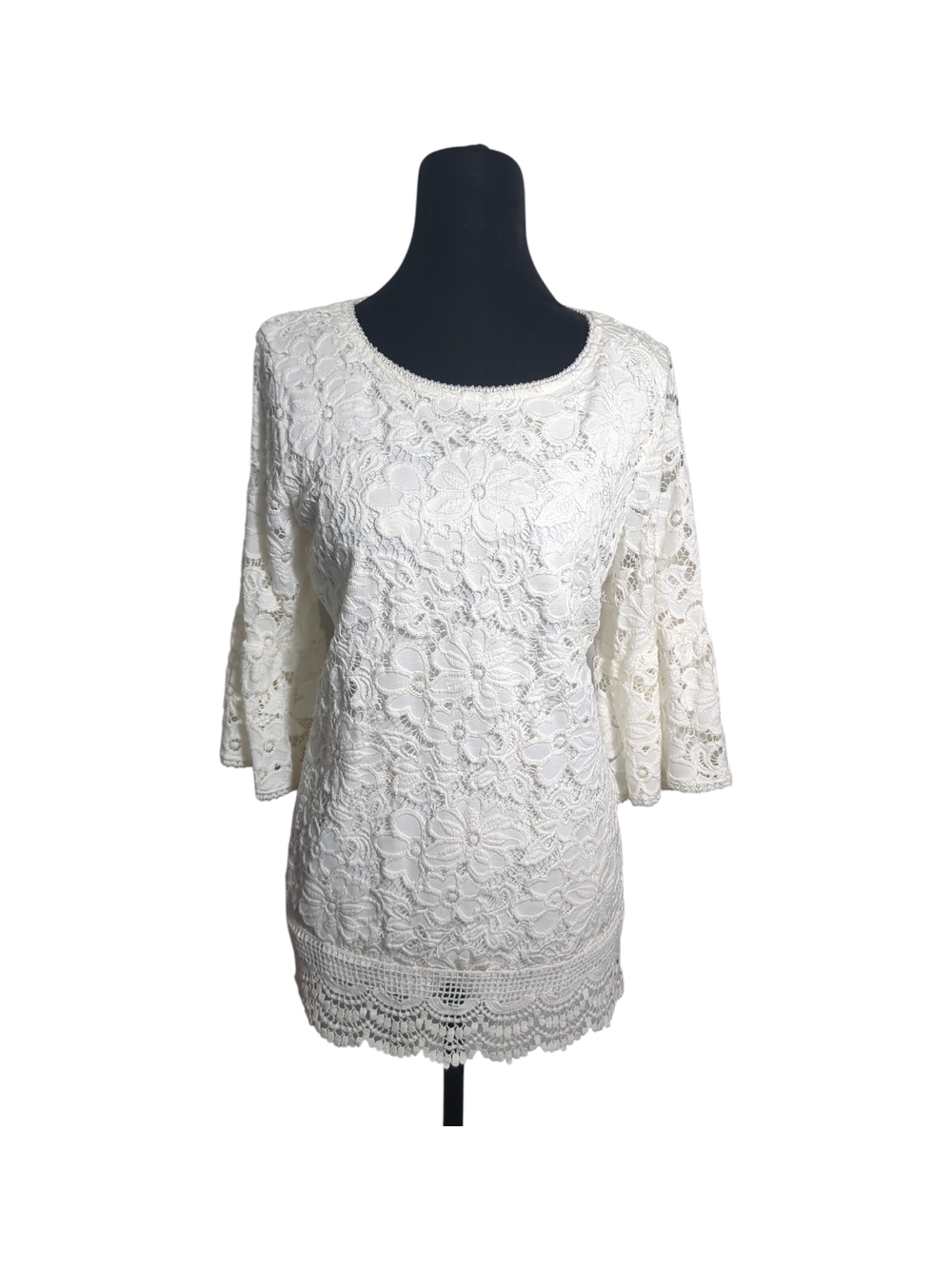 Lauren Michelle White Lace Tunic Top Med Bell Sleeve Crochet Hem Boho Romantic